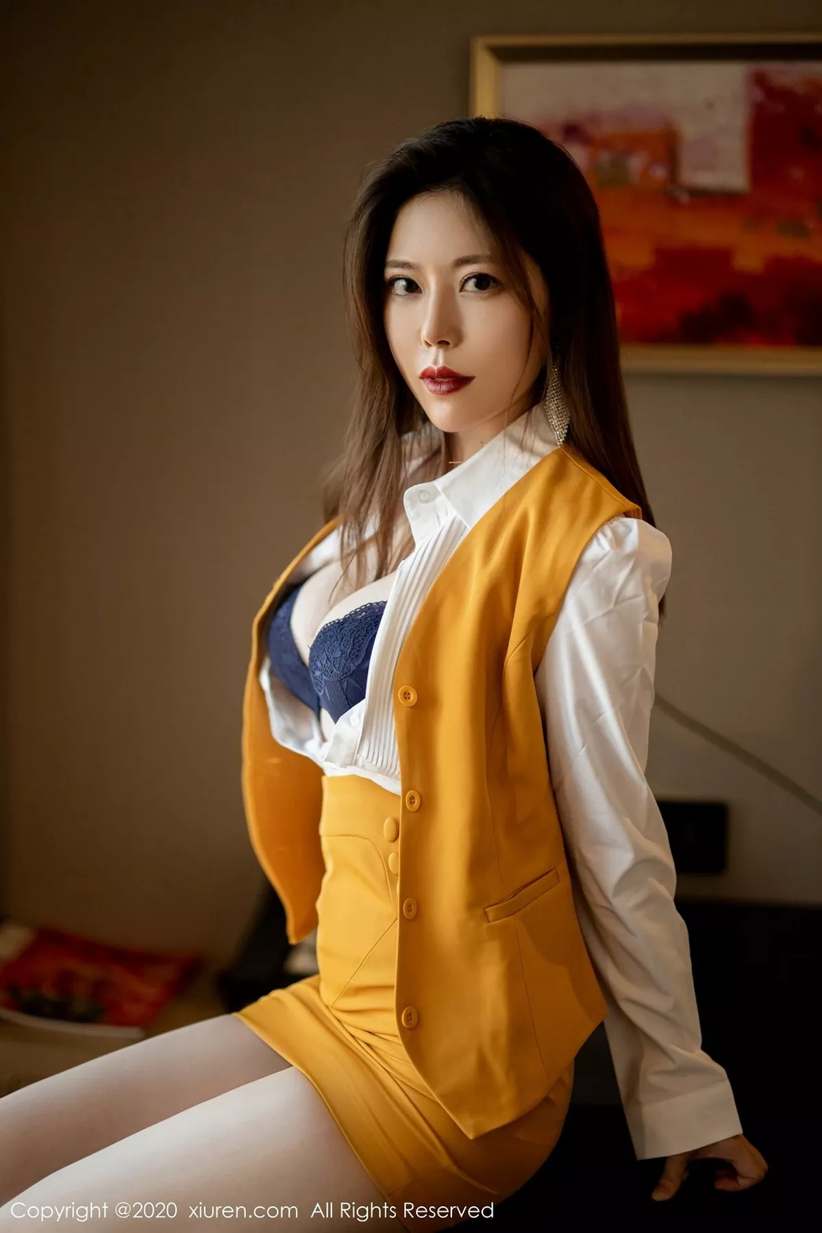 秀人集.com_[XiuRen秀人网]No.2850_嫩模白茹雪Abby飒爽黄色职业装半脱露性感黑色内衣撩人诱惑写真40P